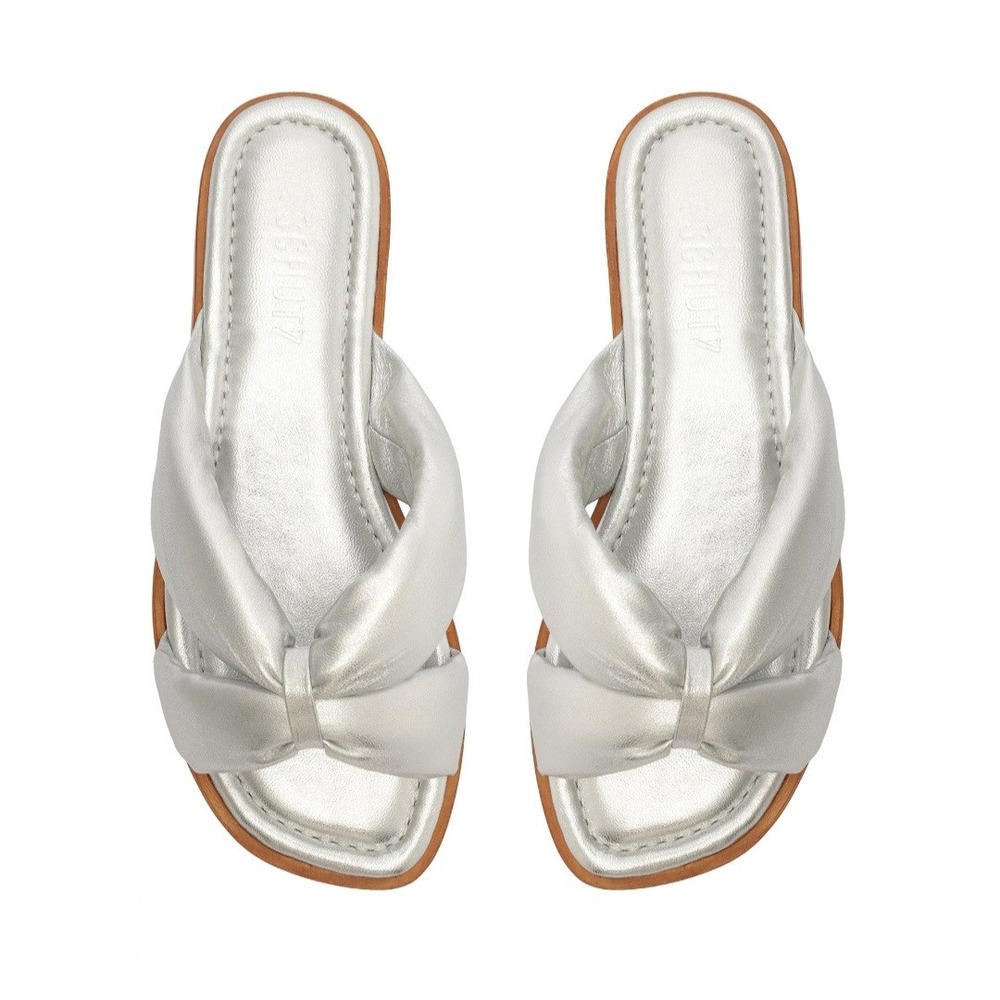 Schutz Fairy Metallic Silver Leather Puffy Knot Flat Slide Sandals Size 11B